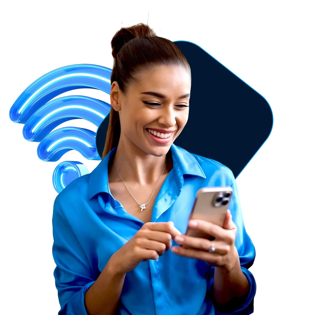 Mulher de azul segurando celular